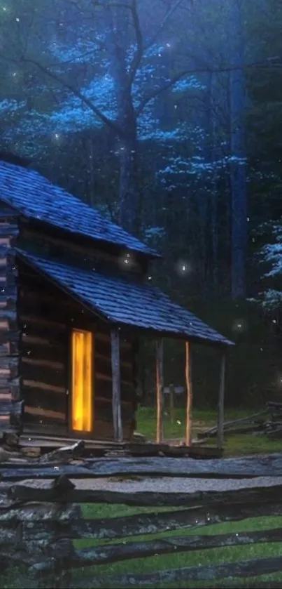 Rustic cabin in a moonlit forest with glowing windows at night.