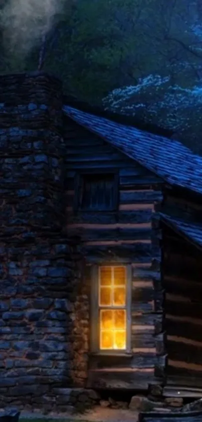 Rustic cabin illuminated at night in the woods.