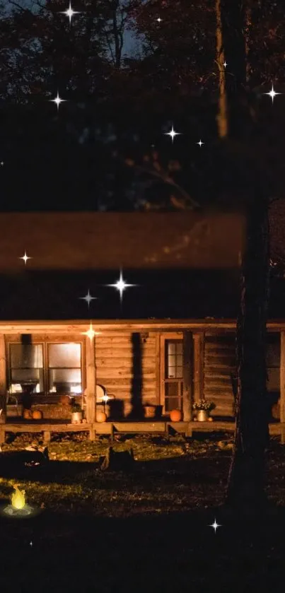 Cozy cabin illuminated under a starry night sky.