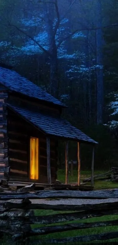 Rustic cabin at night surrounded by blue woods.