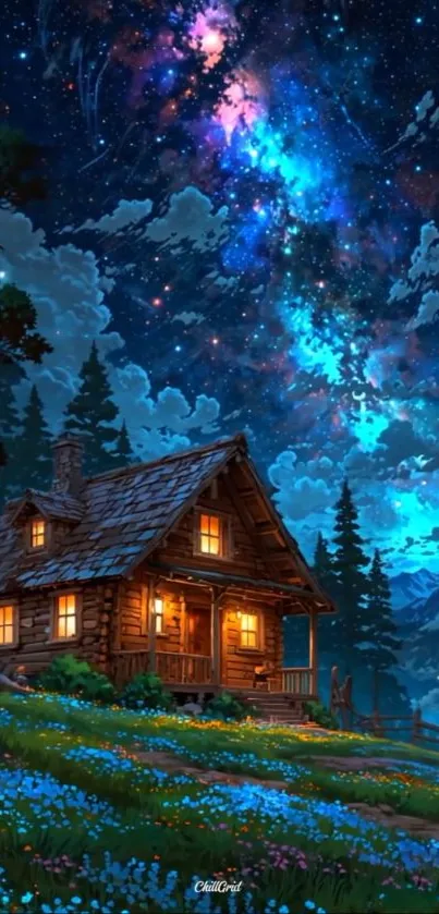 Rustic cabin under a starry night sky