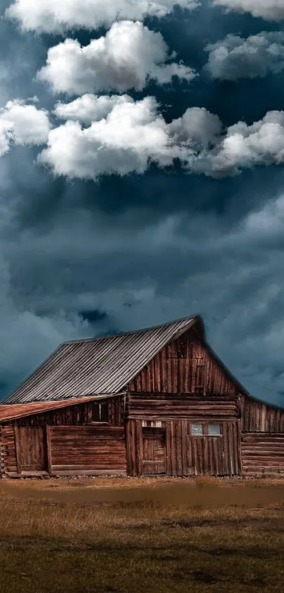 Rustic wooden cabin under dramatic stormy sky wallpaper.