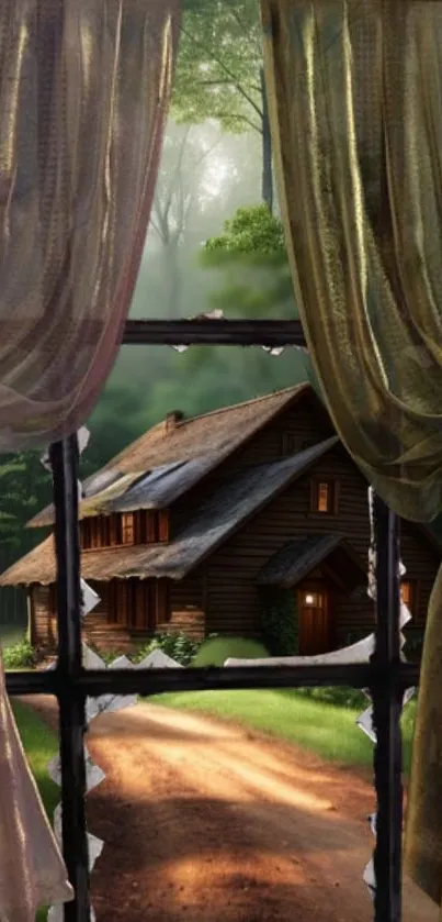 Rustic log cabin view through a window curtain surrounded by nature.