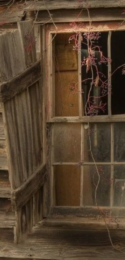 Rustic wooden cabin window wallpaper with vines.