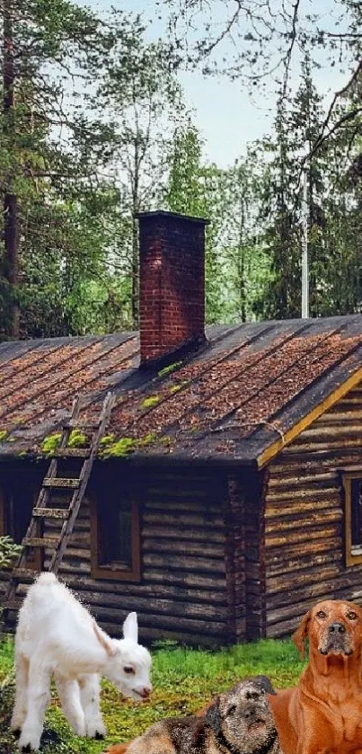 Rustic cabin surrounded by forest and animals, with green foliage.