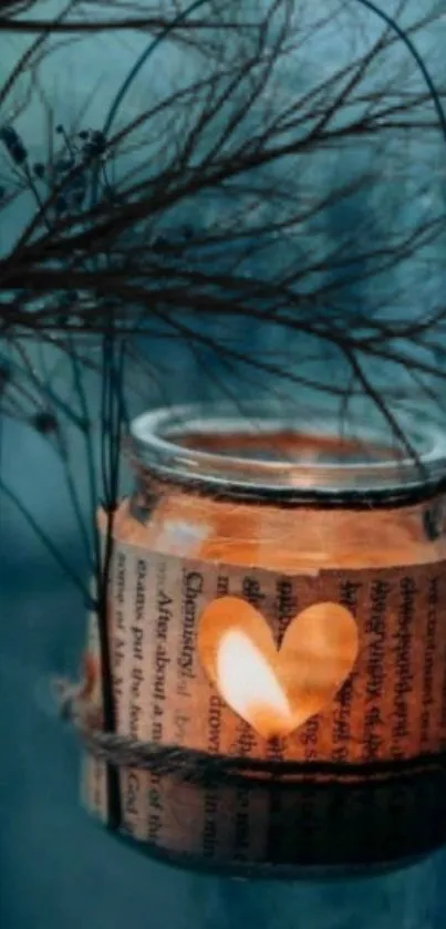 Candle glowing inside a rustic glass jar with a heart cutout.