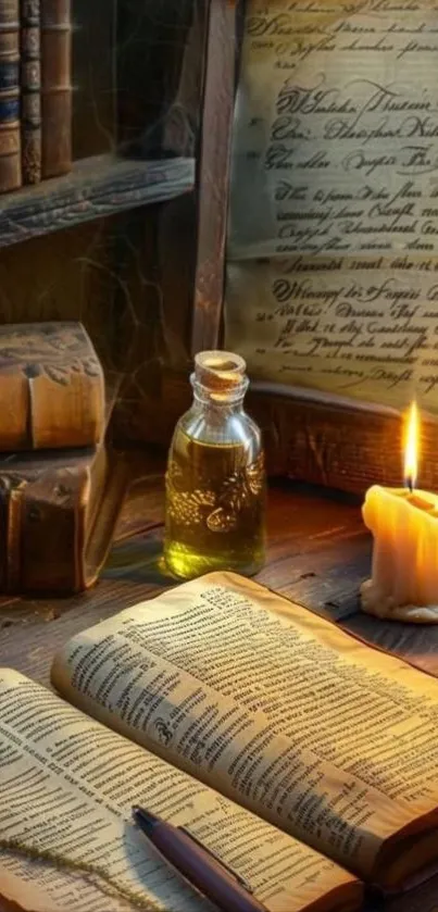 A rustic library scene with books and a lit candle.