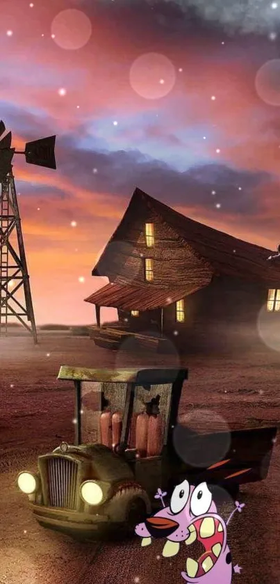 Cartoon landscape with a sunset backdrop and a rustic house scene.