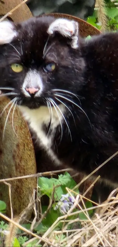 Black cat with white markings in a rustic garden setting.