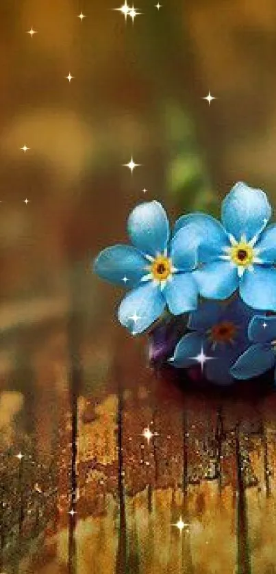 Rustic wallpaper with blue flowers on wood.