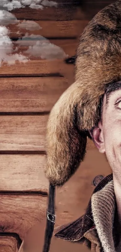 Mobile wallpaper with a rustic wooden texture and cozy winter hat.