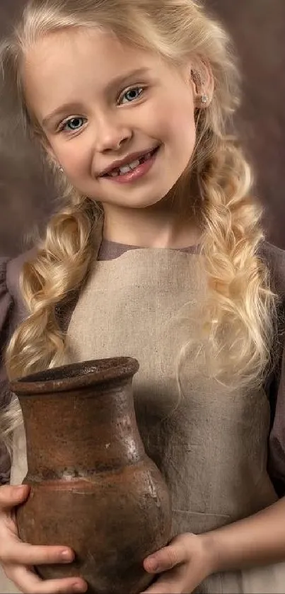 Smiling girl holding a rustic clay pot in a vintage-style wallpaper.