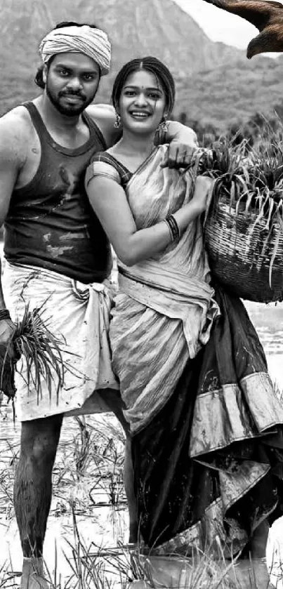 Man and woman harvesting in black and white scenery.