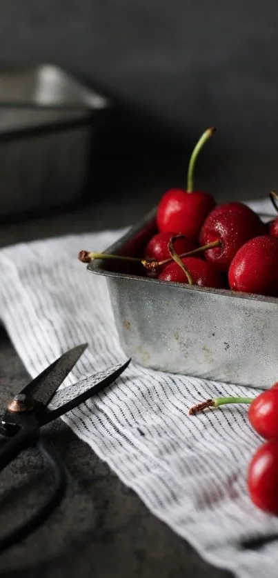 Rustic metal dish with fresh cherries and kitchen scissors.