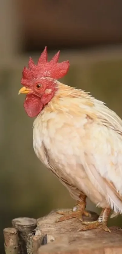 Rustic wallpaper featuring a detailed rooster on a farm setting.