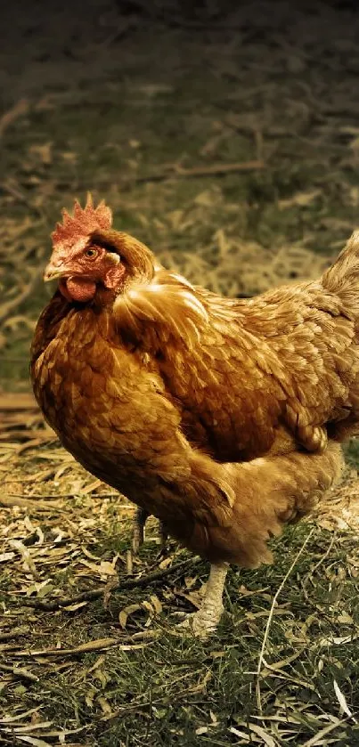 Rustic brown chicken standing on a grassy farm.