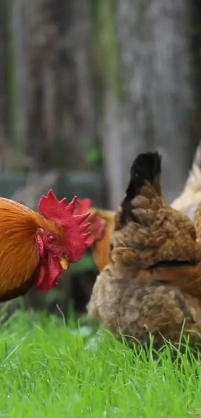 Chickens grazing on a lush green field.