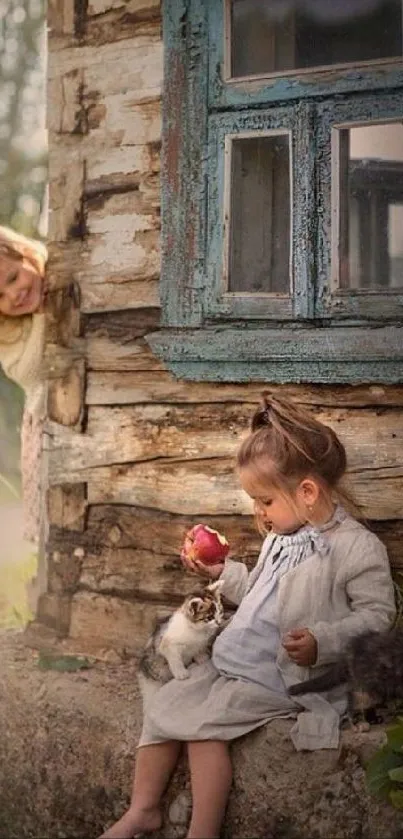 Two children with a kitten near a rustic house.