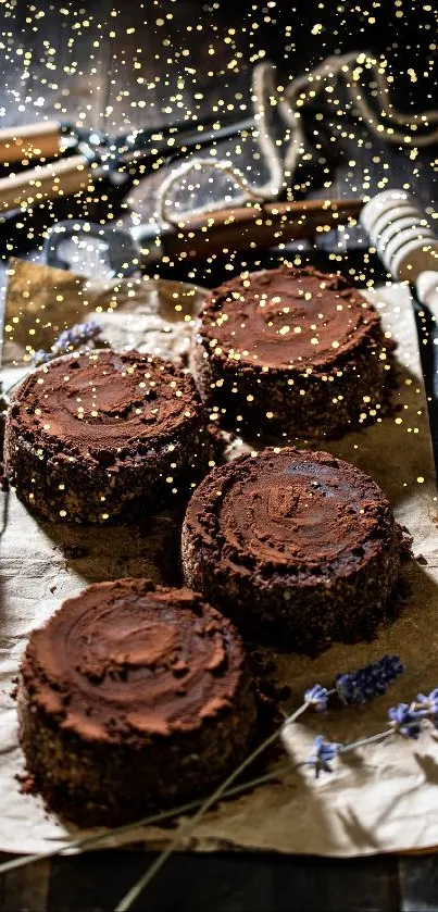 Rustic chocolate cakes on vintage paper with baking tools on a wooden table.