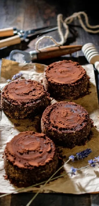 Rustic chocolate cakes on parchment paper with rustic kitchen utensils.