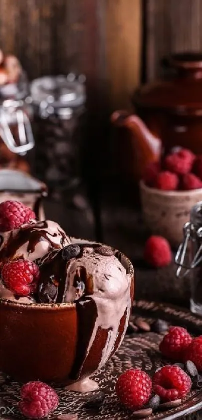 Rustic chocolate dessert with raspberries.