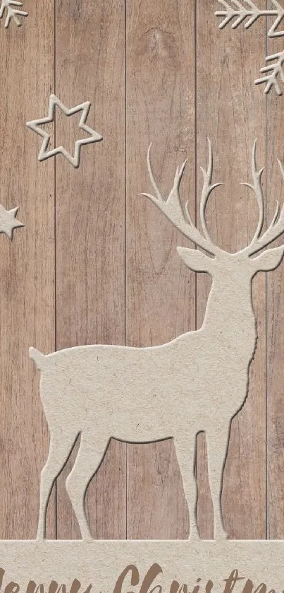 Rustic deer wallpaper with stars and snowflakes on wood background.