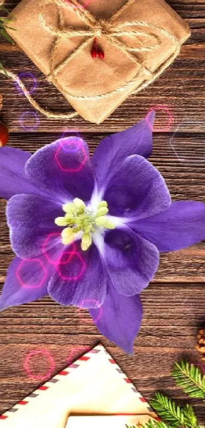 Rustic Christmas wallpaper with purple flower and holiday decorations.