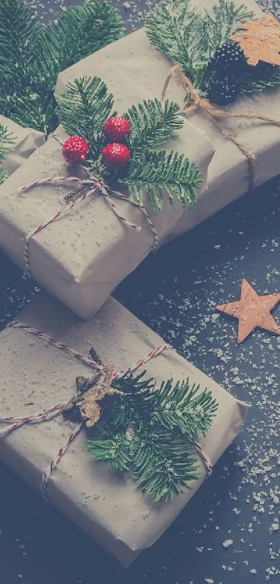 Rustic holiday gifts adorned with greenery and star accents on a snowy background.