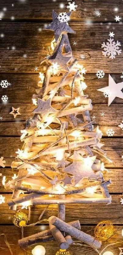 Rustic Christmas tree with lights on wood background.