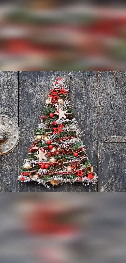 Rustic Christmas tree with ornaments on a wooden background.