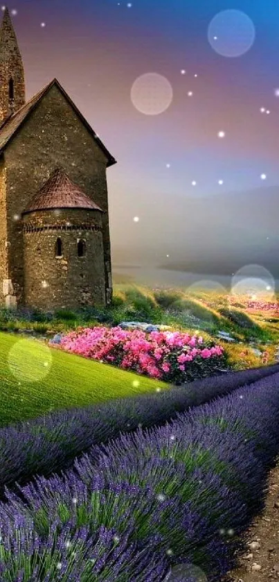 Rustic church amidst vibrant lavender fields and colorful flowers.