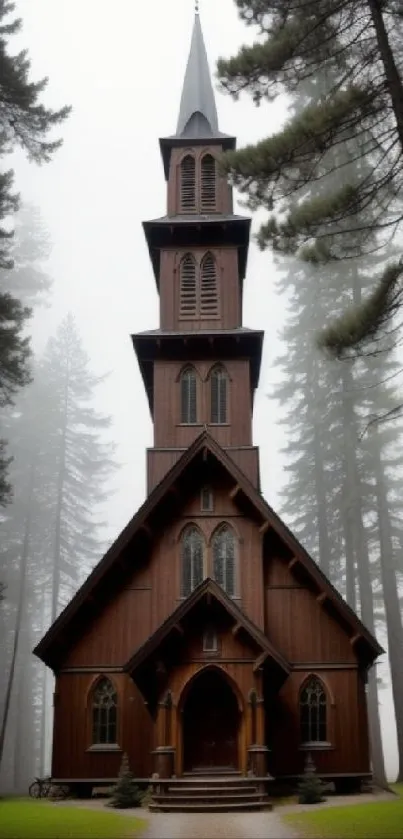 Rustic church nestled in a misty forest, creating a tranquil ambiance.