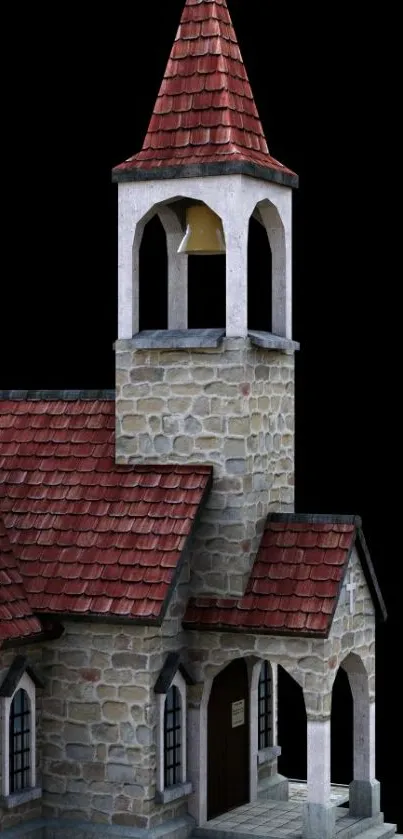 Rustic stone church with red roof tiles on a black background.