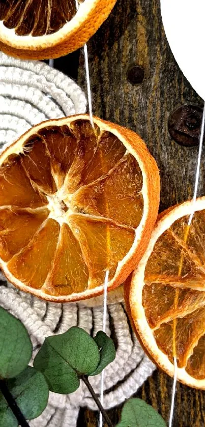 Rustic wallpaper with dried orange slices and eucalyptus.