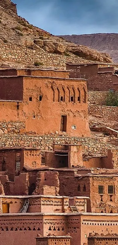 Clay village architecture with rocky background.