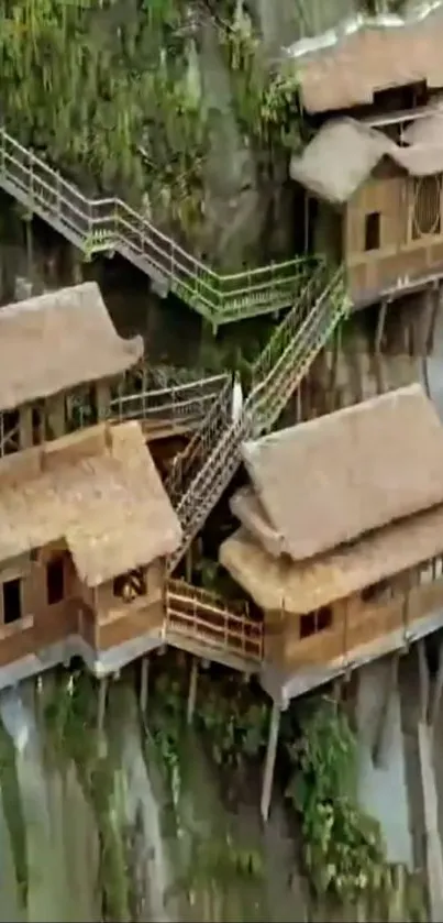 Wooden cabins perched on a cliffside, surrounded by greenery.