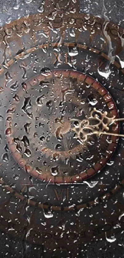 Antique clock with water droplets on a rustic background.