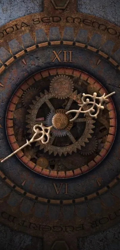 Intricate steampunk clock with gears and vintage design in rust and bronze tones.