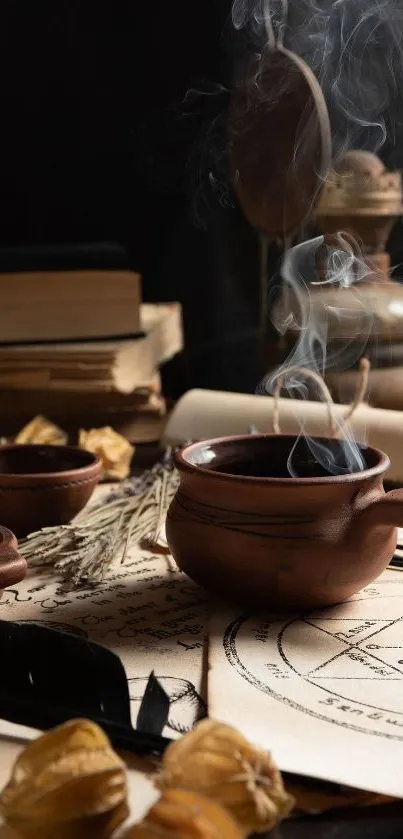 Rustic aesthetic with steaming coffee mug and vintage books.