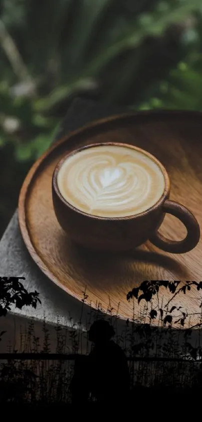 Rustic coffee on wooden tray with nature backdrop.