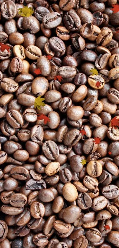 Close-up of roasted coffee beans forming a textured wallpaper pattern.