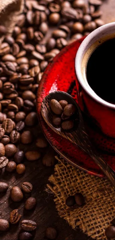 Rustic coffee cup with beans scattered on a wooden surface.