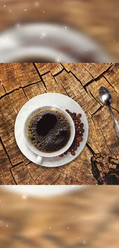 Rustic coffee cup on wooden surface wallpaper with spoon.