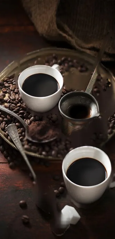 Rustic coffee setup with cups and beans on a wooden table.