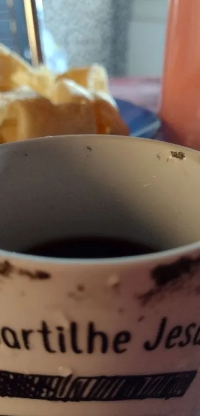 Rustic coffee mug with cozy morning vibe in a kitchen setting.