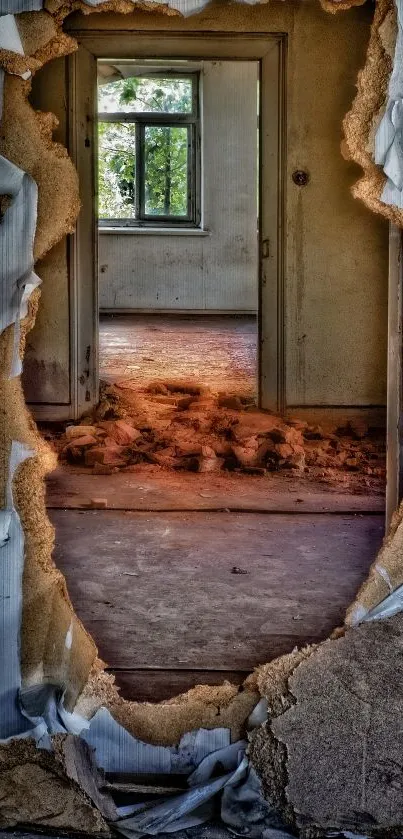 Rustic broken wall view into old corridor with warm textures.