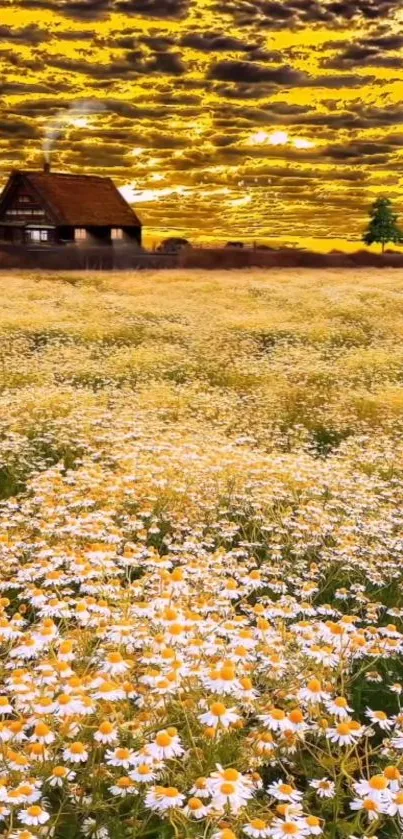 Rustic cottage with daisy field under a golden sky.