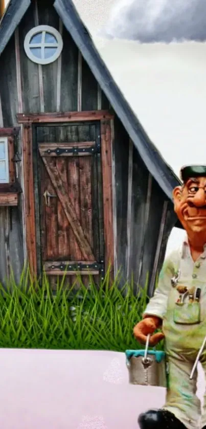 Cartoon painter with rustic cottage background.