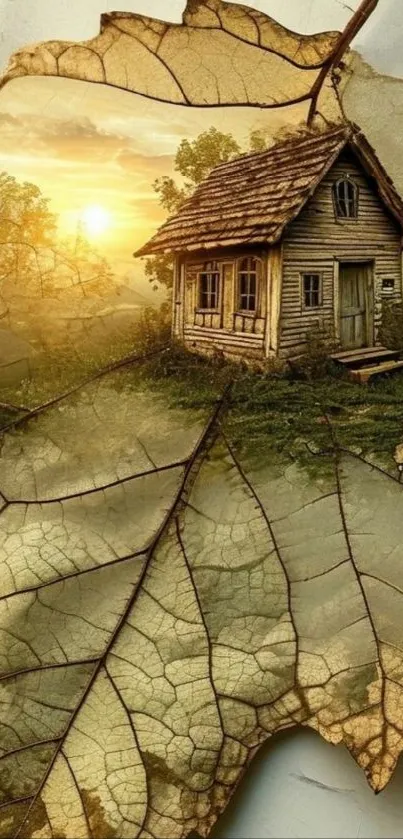 Rustic cottage in a leaf art design, blending nature with vintage charm.