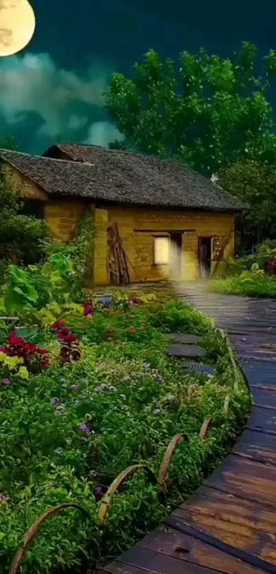 Rustic cottage and garden under full moonlight at night.